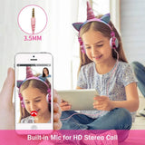 Unicorn Kids Pink Headphones Wired with Microphone for Girls