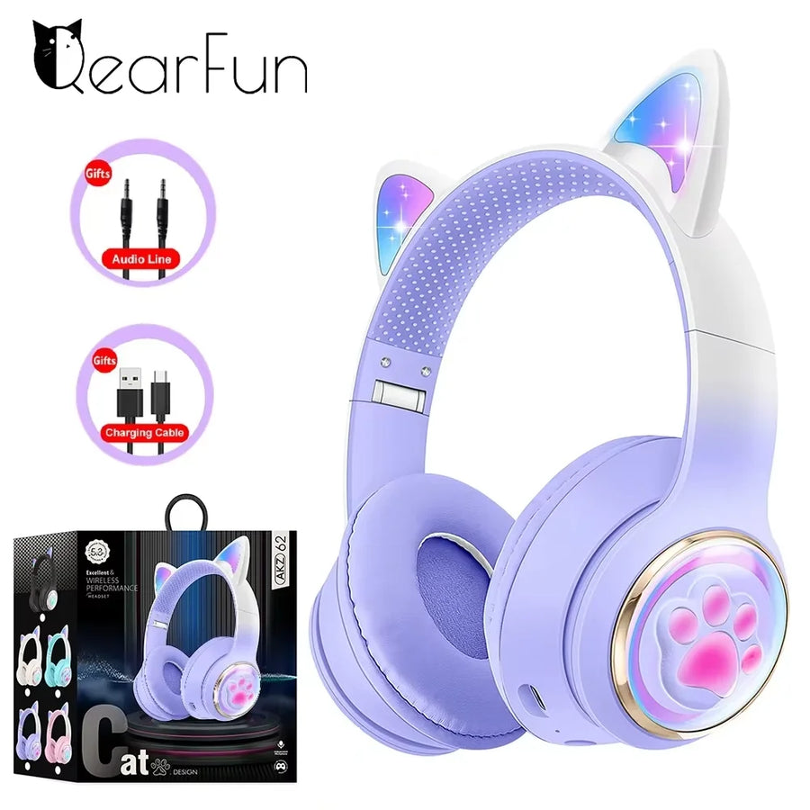 RGB Cat Ear Wireless Headphones for Kids, Bluetooth Stereo