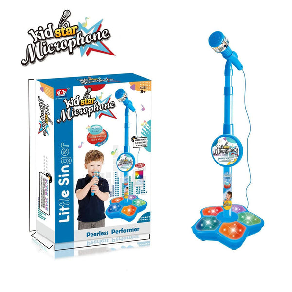 Babies Microphone with Stand, Singing Toys for Girls and Boys with Music and Light, Adjustable Standing Babies Karaoke Machine with Light - Blue